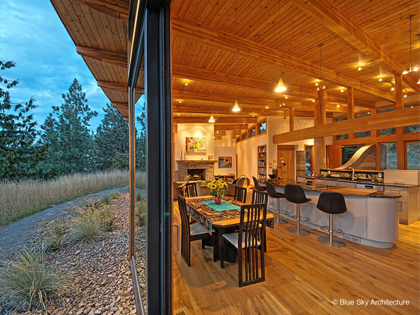 Post and beam construction open concept kitchen