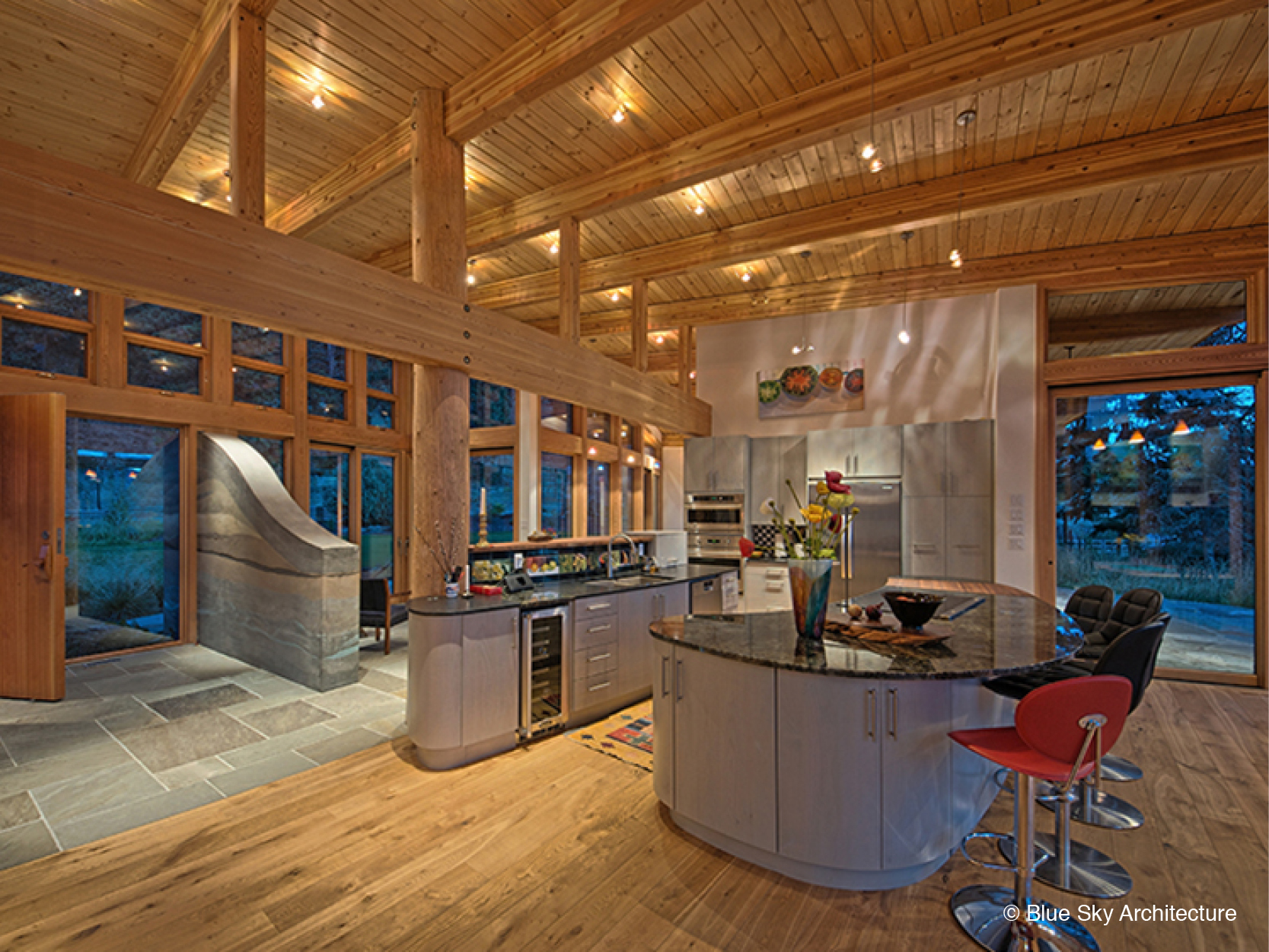 Entryway and kitchen of lakefront Naramata Bench House