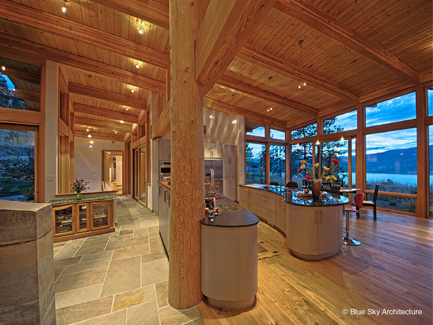 Heavy timber kitchen construction for lakefront architecture