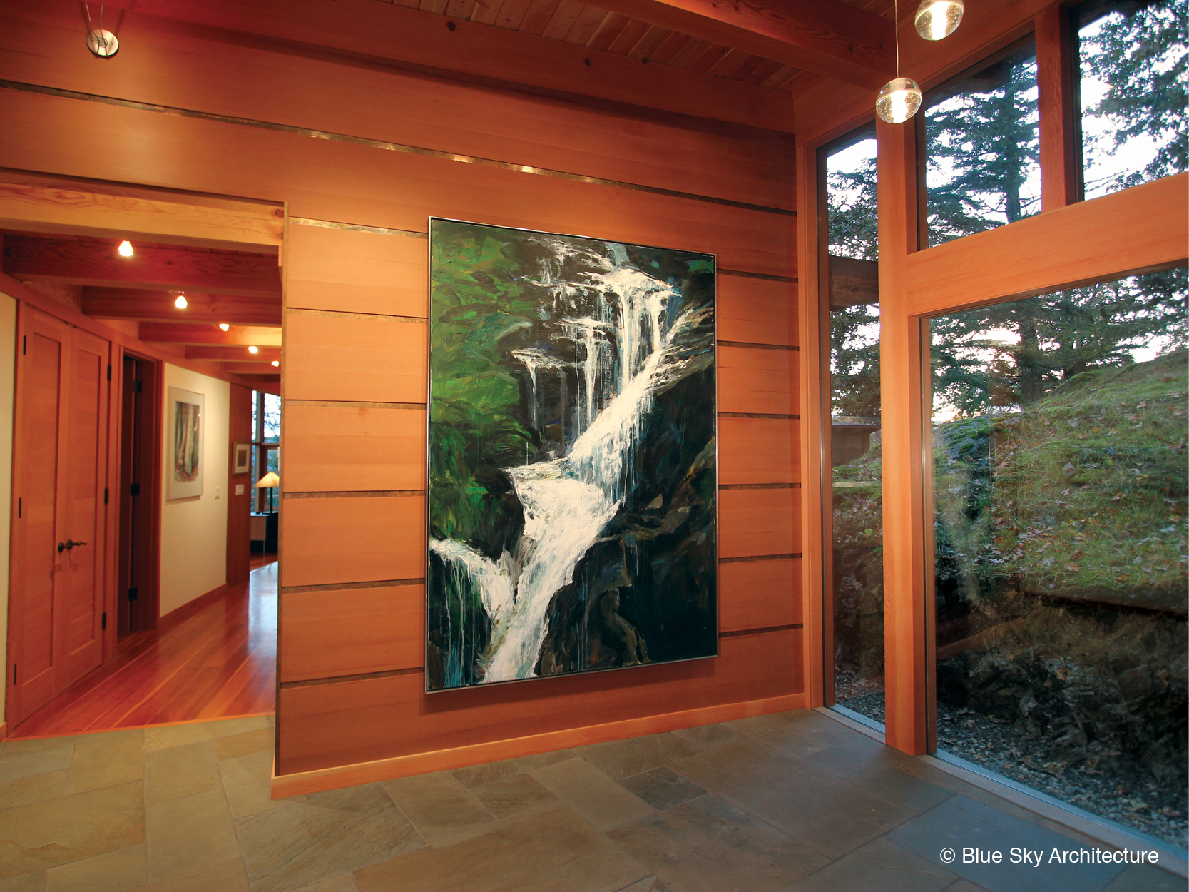 Oak Grove House entrance gallery with cedar wall and bluestone floors