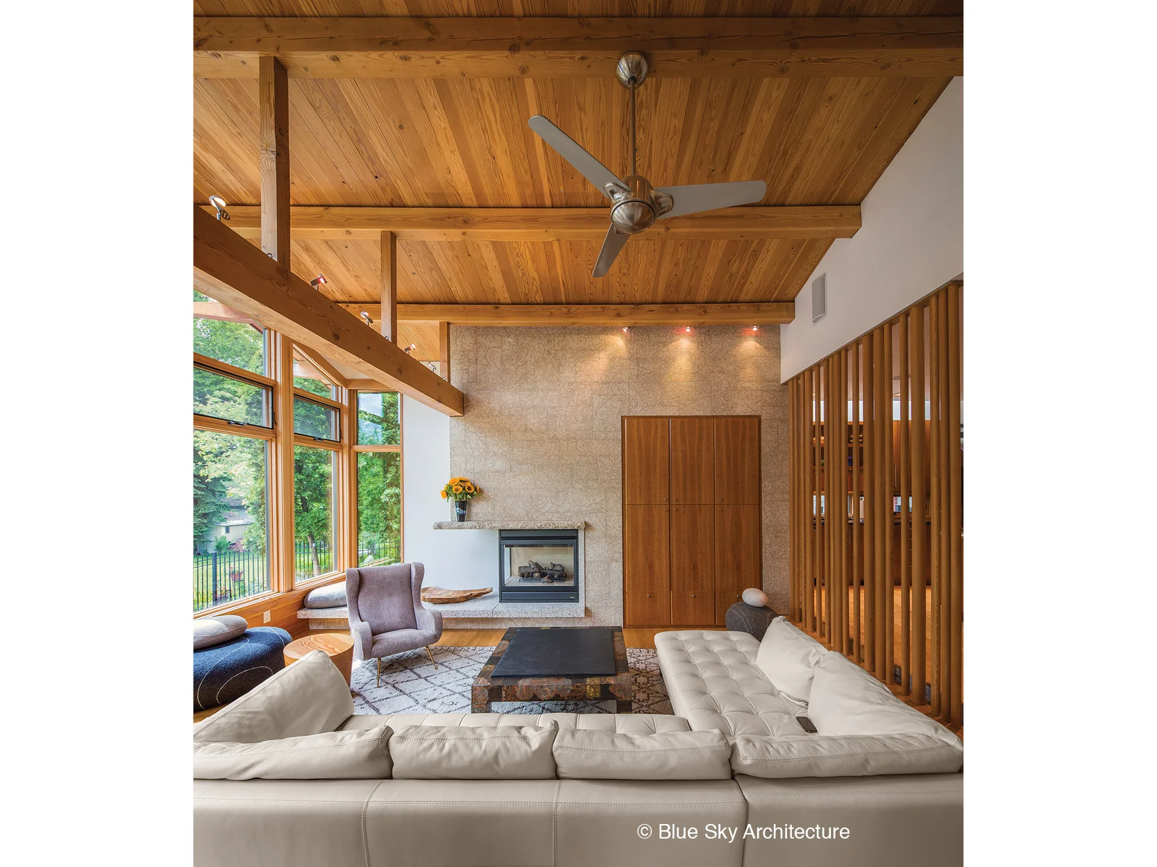 Post and beam framing in the Assiniboine River house living room