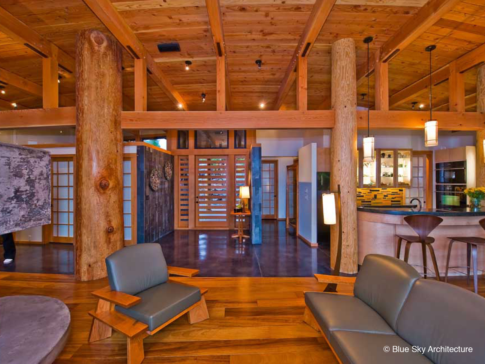 Heavy timber, west coast modern living room in Ucluelet House