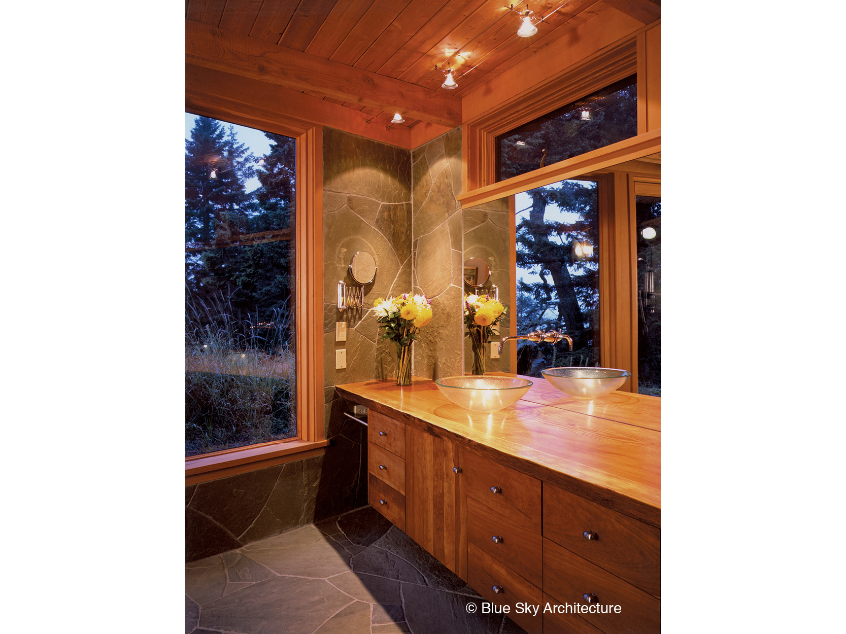 Sandstone tile and wood counter bath in Hill House