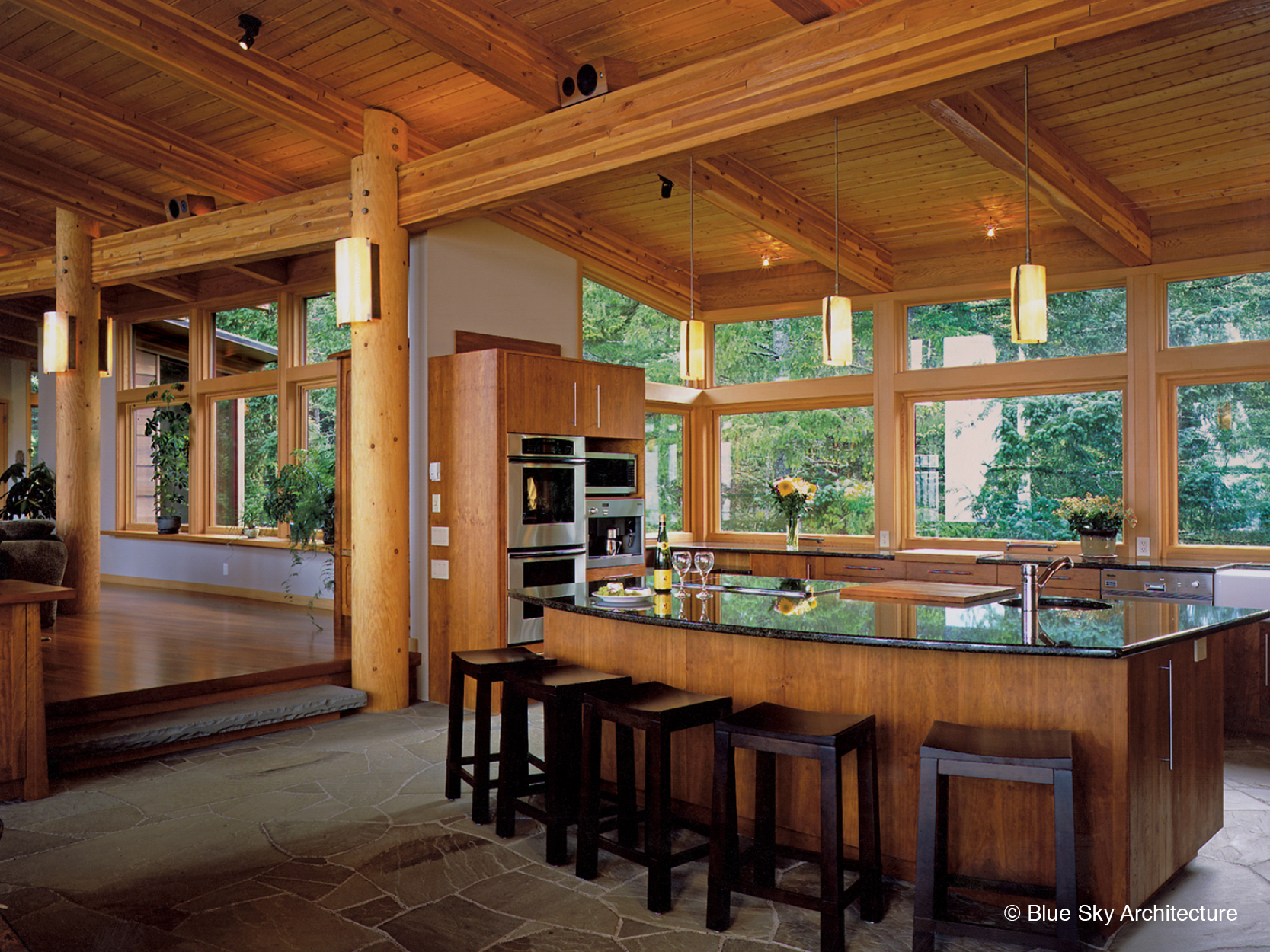 Post and beam framed kitchen in Hill House
