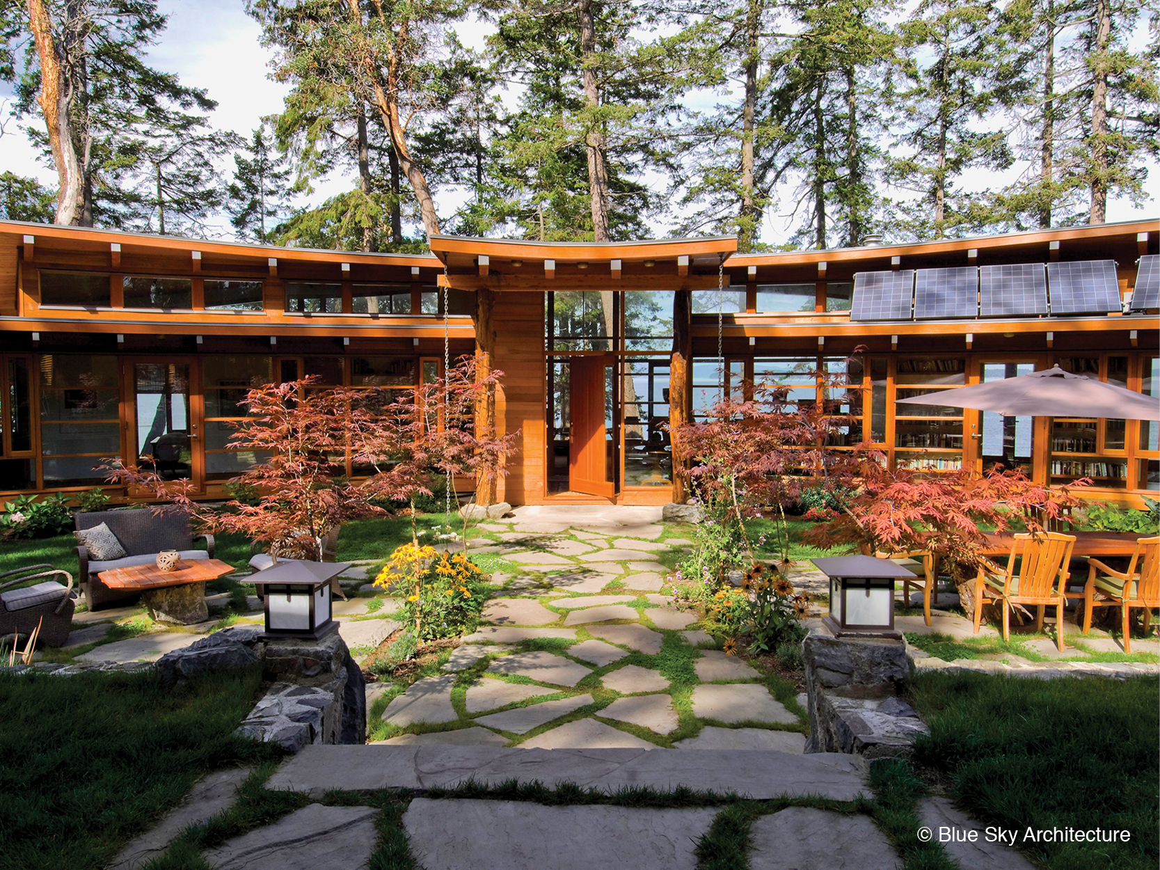 Garden courtyard in front of entrance of Booklovers House