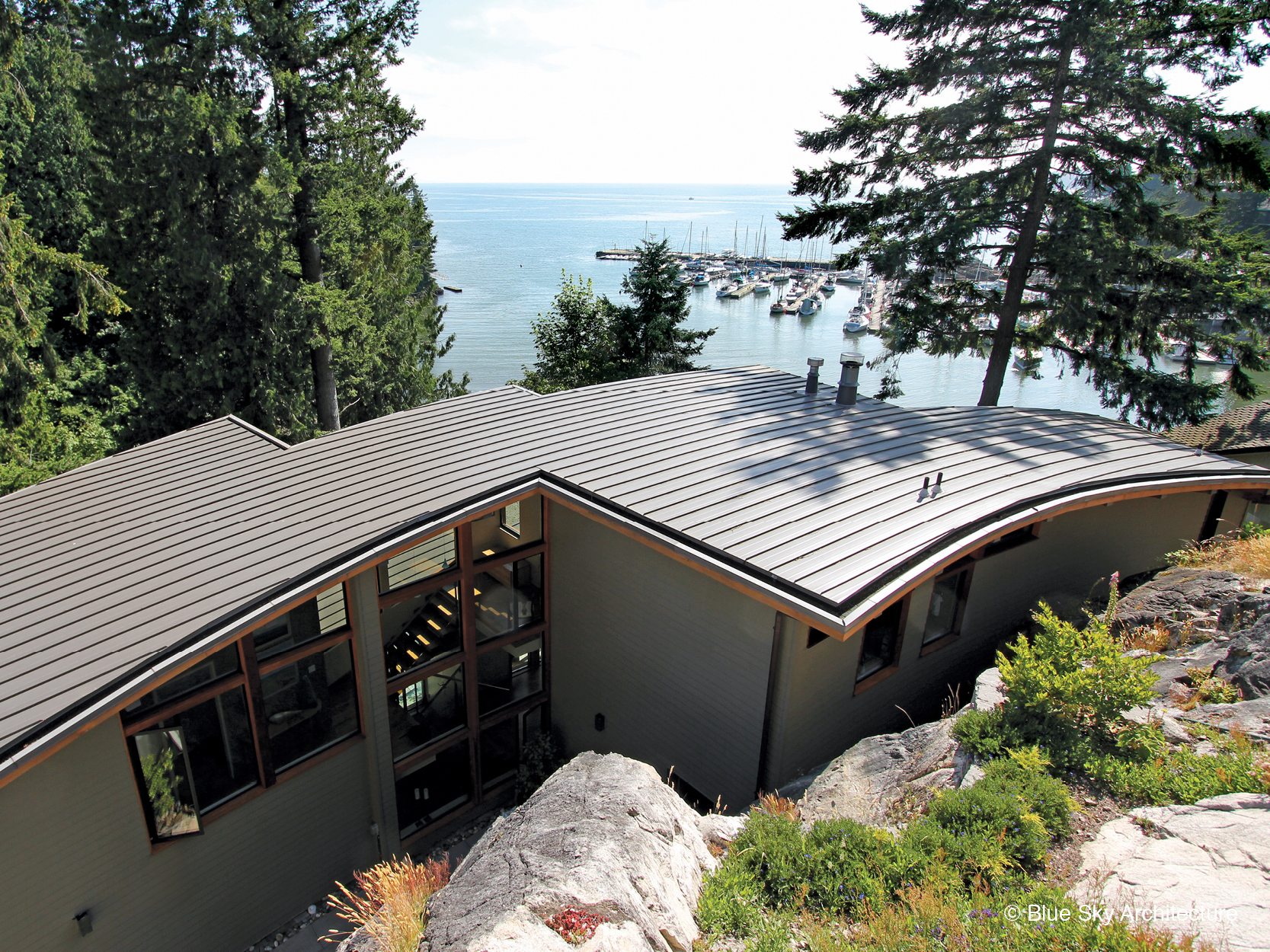 Aerial view of the organic architecture of Harbour House