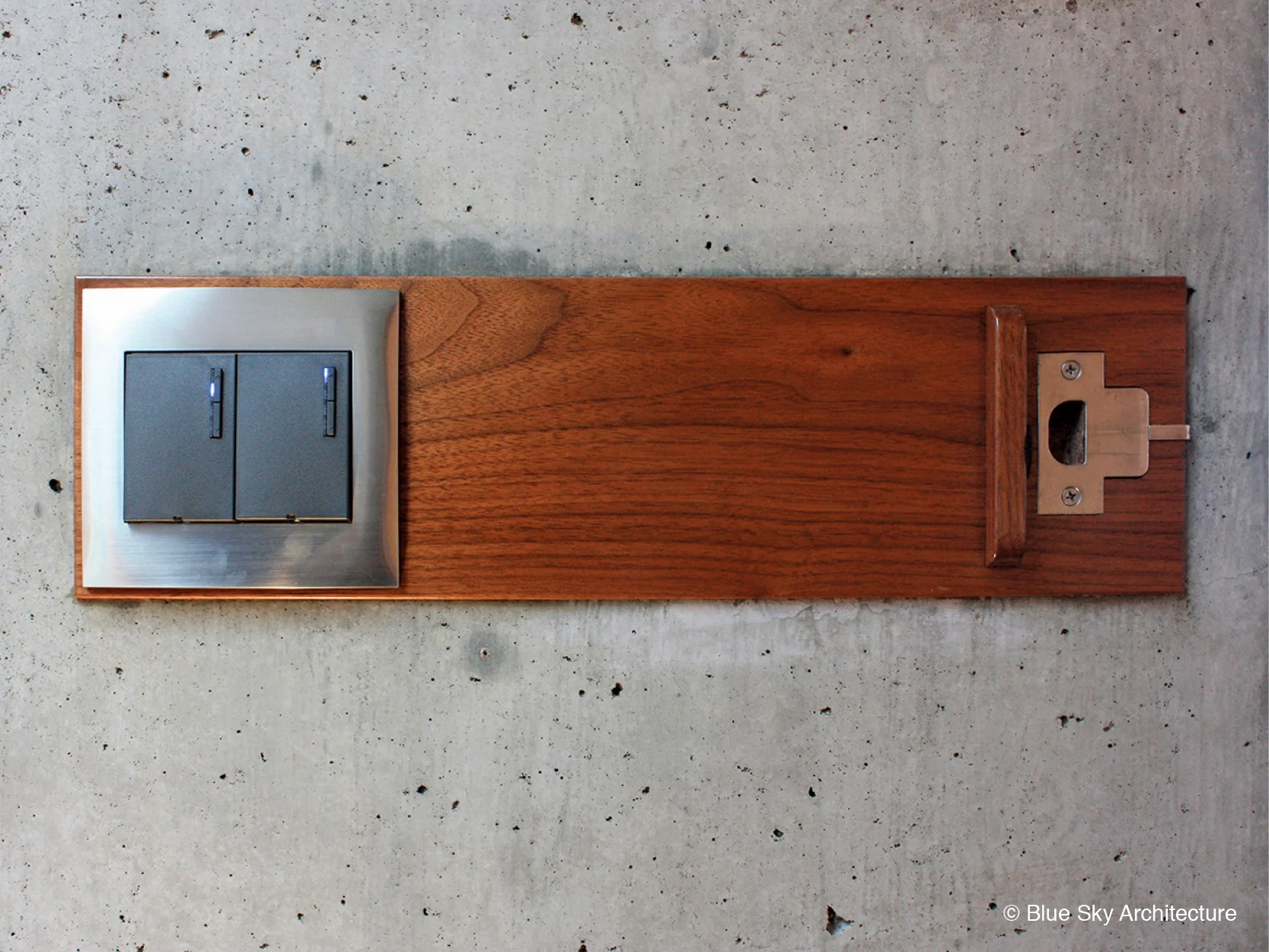 Wood detailing on door latch and light switch