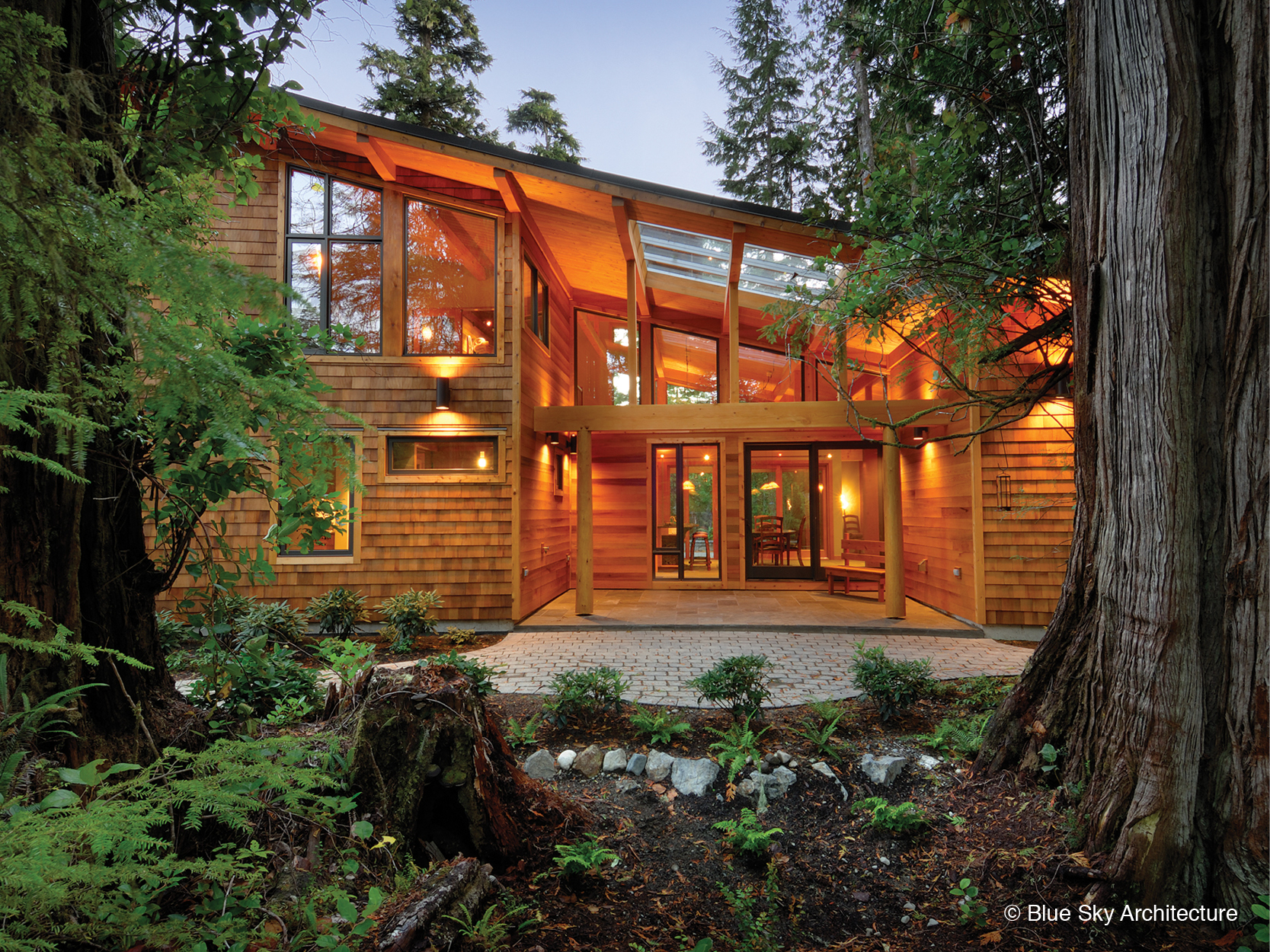 Angled roof and exterior view of the Rainforest House