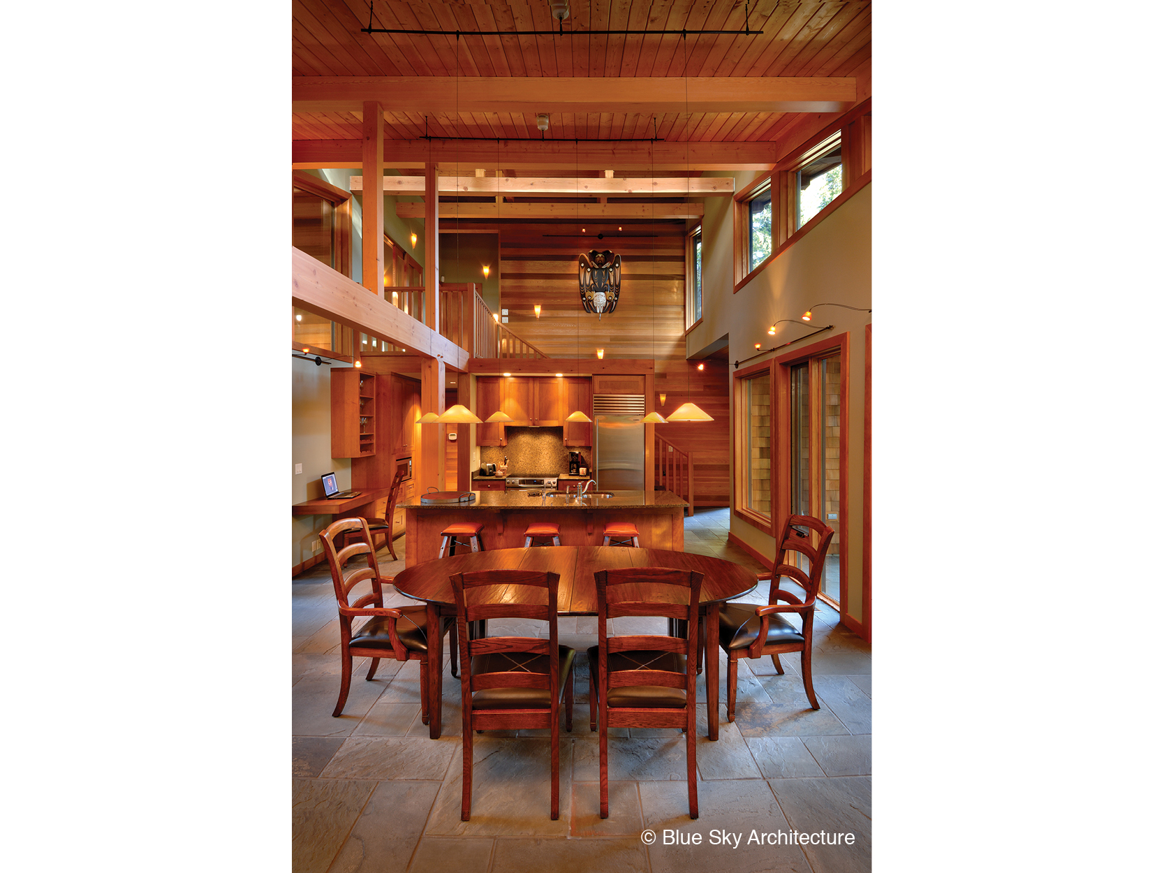 Post and beam framing and ceiling of the dining room in Rainforest House