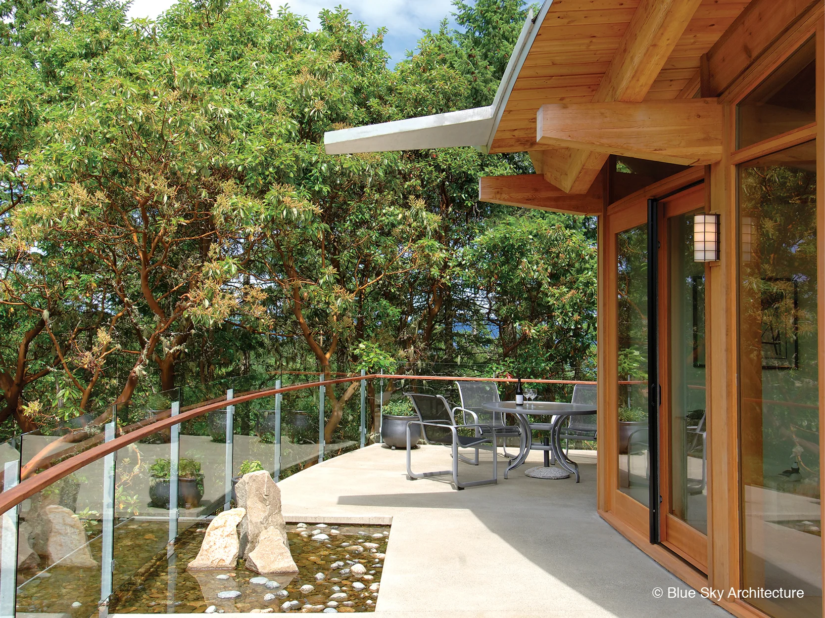 Terrace and water feature of Ridge House