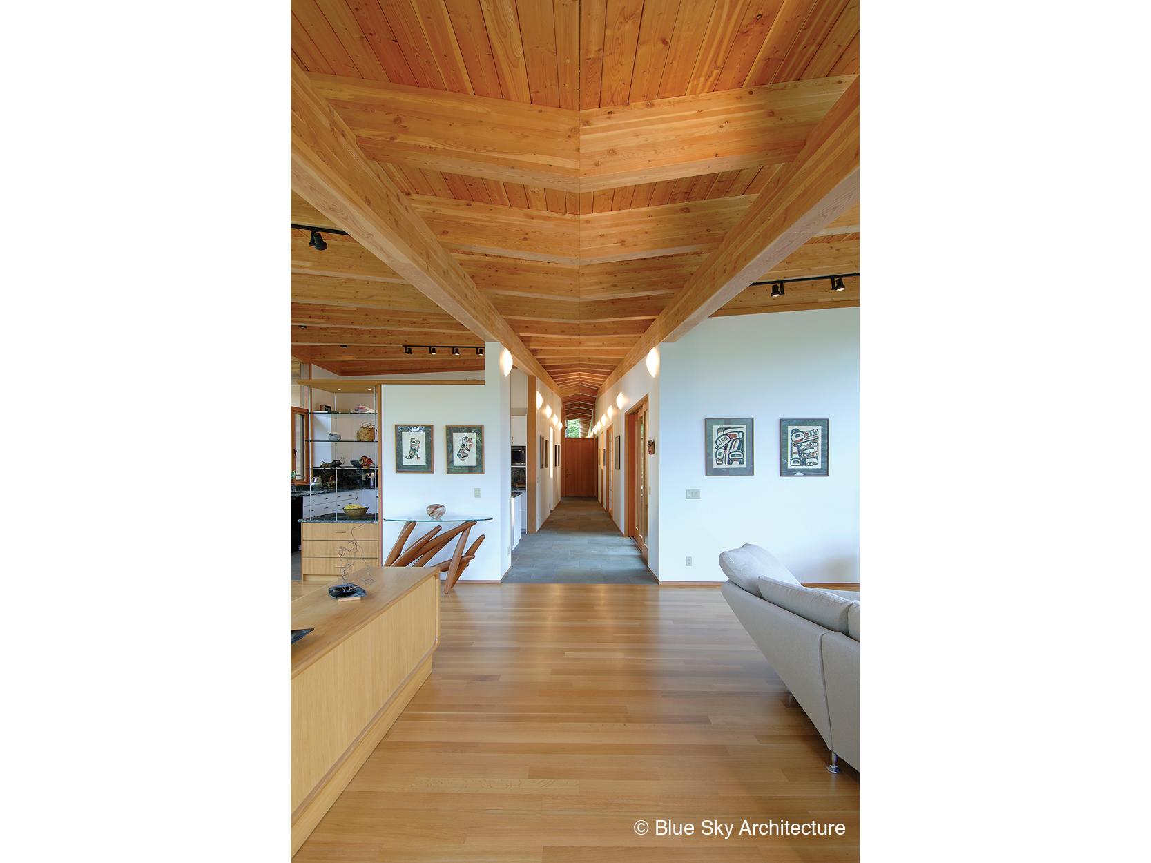 Wood rafter ceiling down hallway of Ridge House