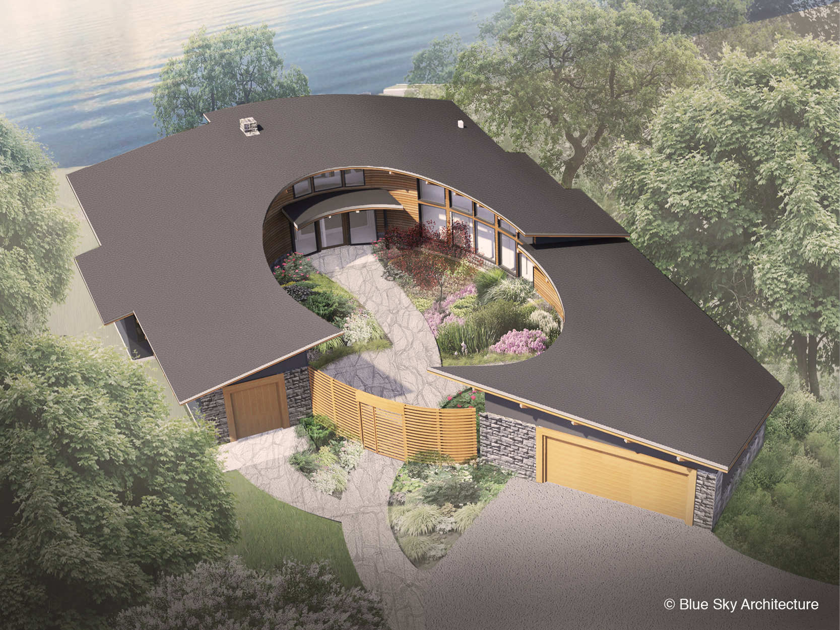 perspecitive rendering of a custom lakeshore home