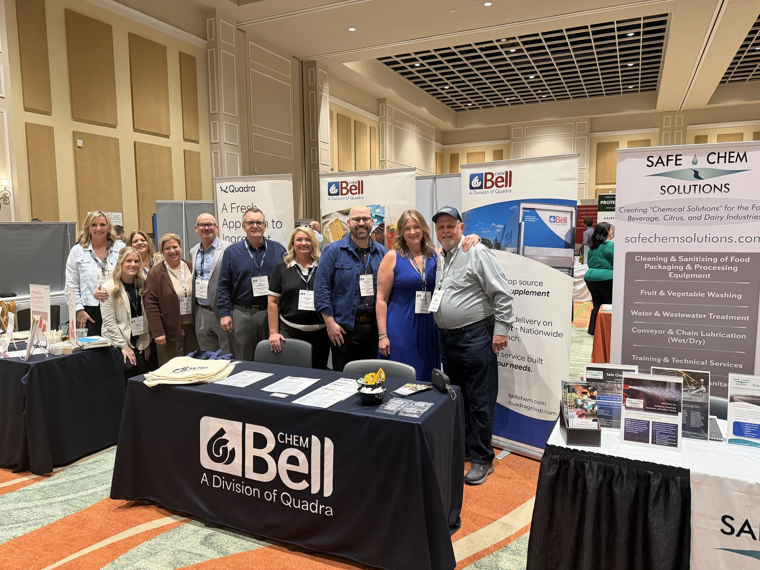 Bell Chem, A Division of Quadra's booth at the 2026 IFT Suppliers' Night Expo, with Quadra and Safe Chem.