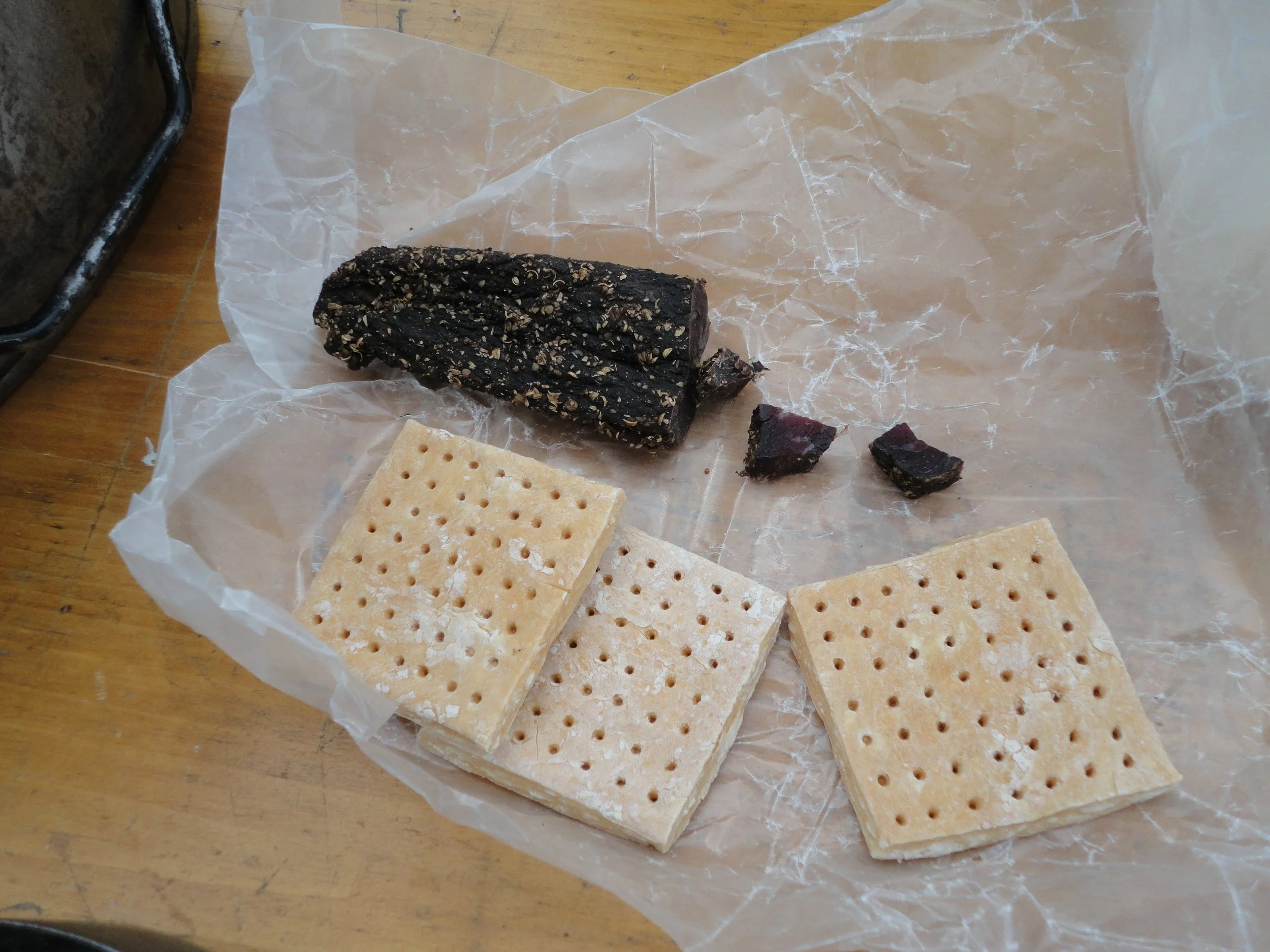 The pictured Hardtack reproduces original examples from the Boer War that had exactly 49 holes (count them...). Also pictured is an example of Biltong sausage which tastes way better than it looks...