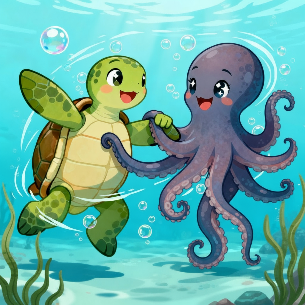 A cartoon turtle and octopus dance underwater