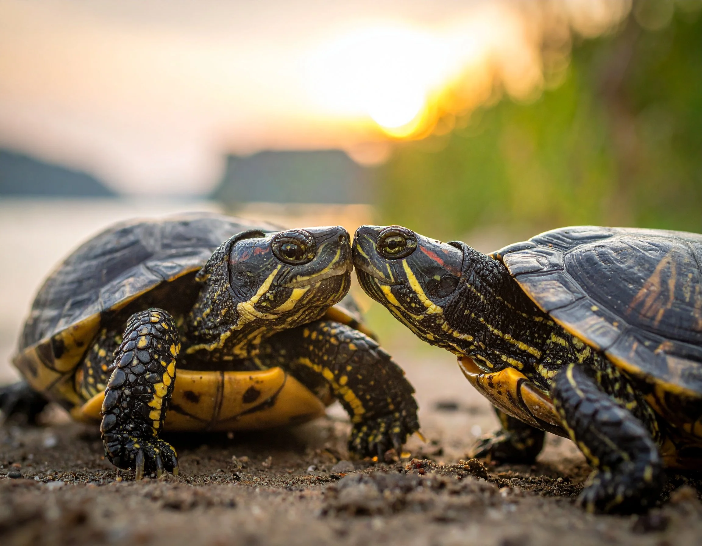 Two turtles greeting each other on the sand