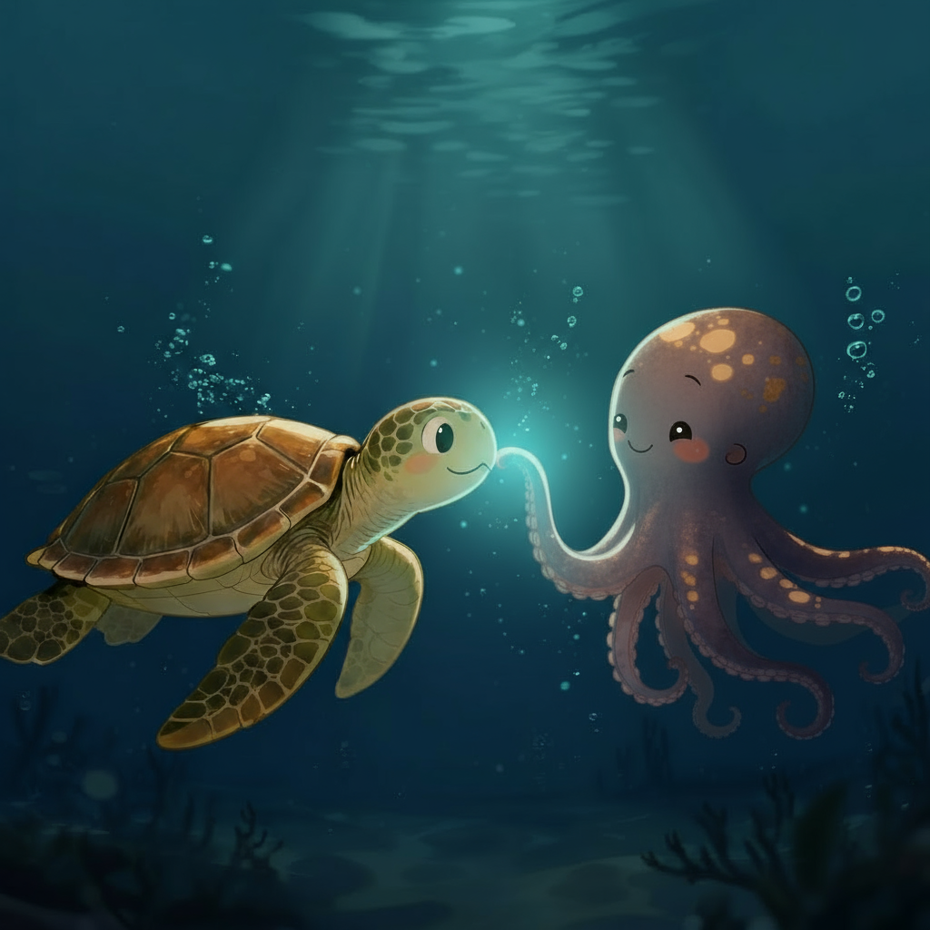 A turtle and octopus interact - relationship style metaphor