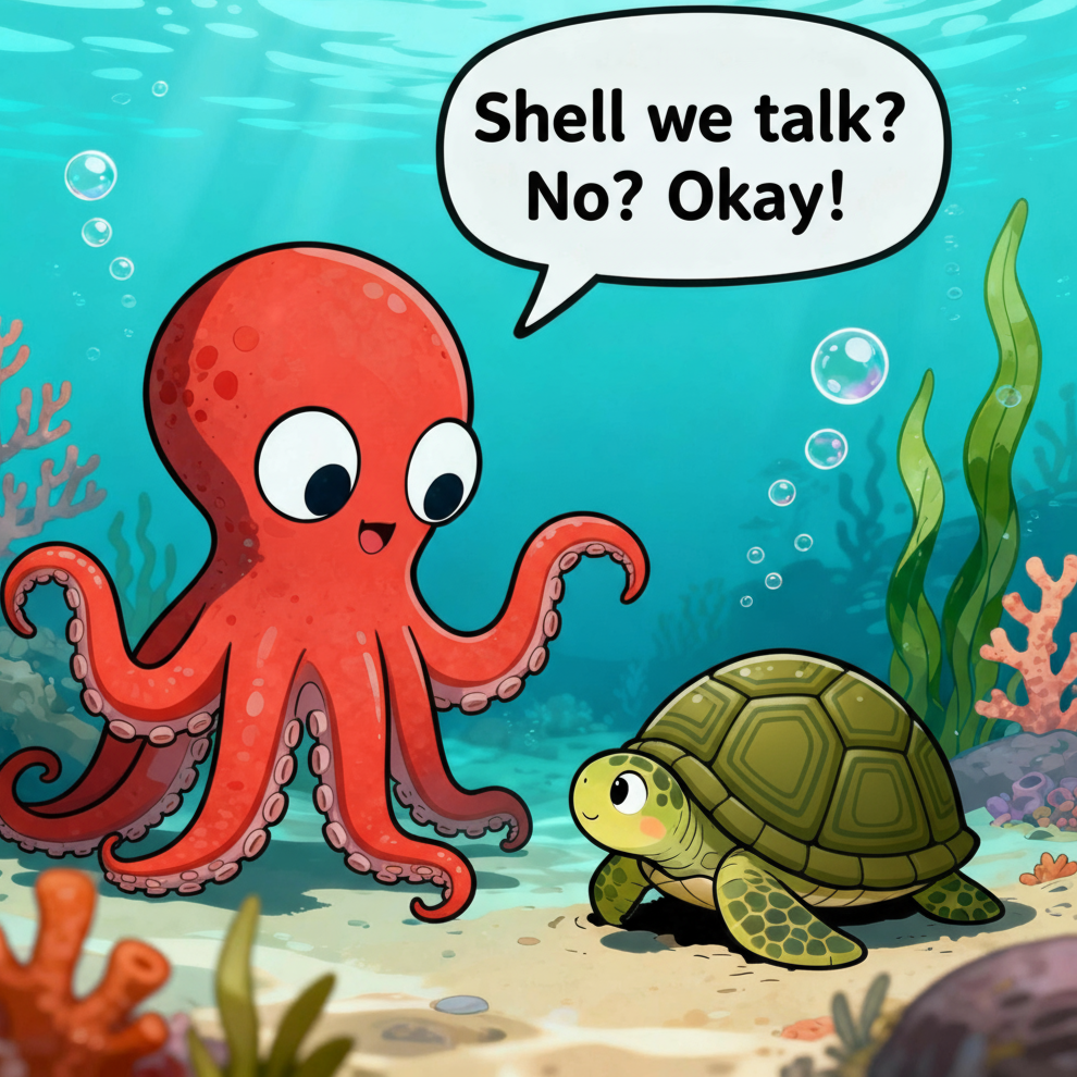 Illustration of a turtle and an octopus meeting underwater — relationship style metaphor