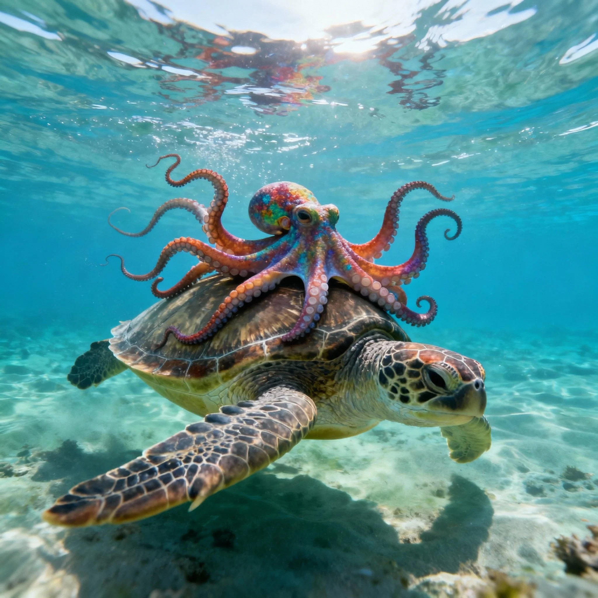 Octopus and turtle swimming together — symbol of a healed couple connection