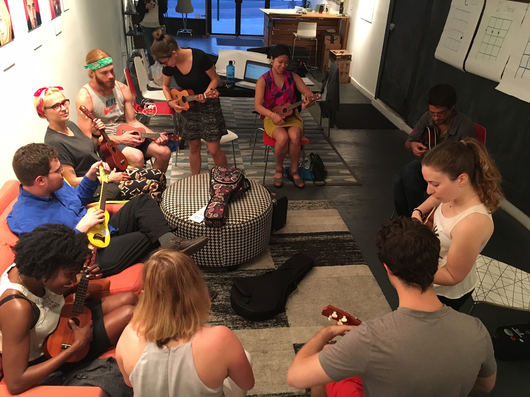 A typical meeting of the Crown Heights Ukulele Club at 808 Nostrand Ave.
