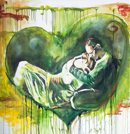 A painting series "massaging the Rainbow" Discovering the chakras through partnerships. This is a representation of a couple sharing space with one another. Allowing others to find their own empowered self is one of the best forms of love and compassion and takes effort to learn how to create space effectively.