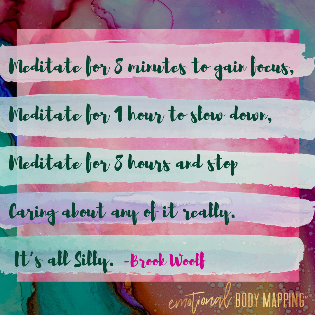 Meditate for 8 minutes to gain focus. Meditate for 1 hour to slow down. Meditate for 8 hours and stop caring about any of it really. It's all silly. - Brook Woolf