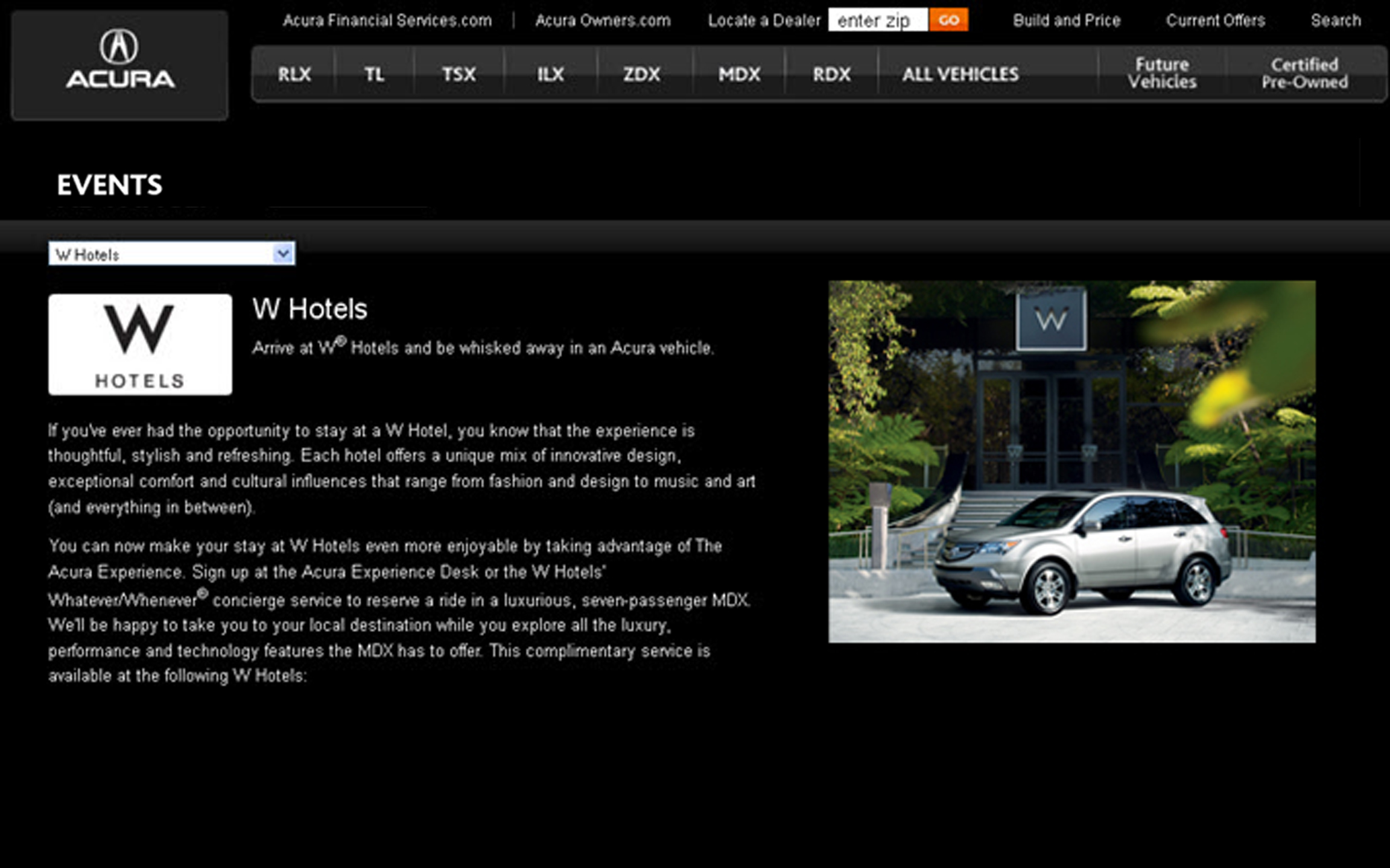 Acura.com Events Page for W Hotels 