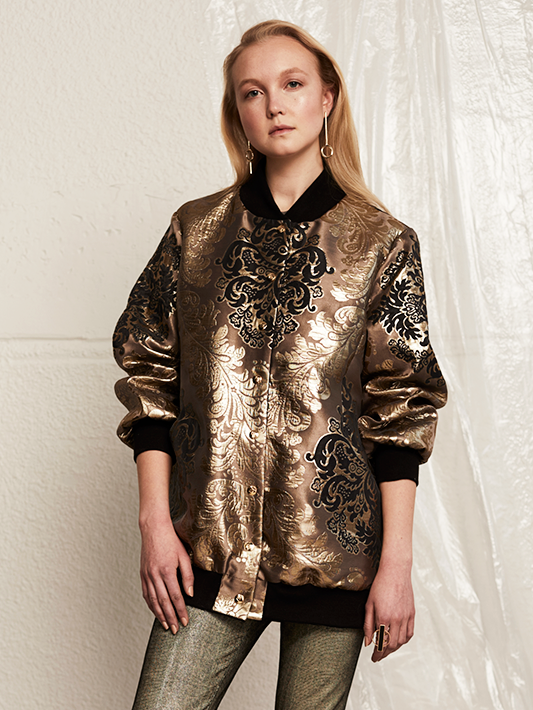 HELGA Reversible Long Bomber Jacket in Gold GeoJacquard by Therma Kota