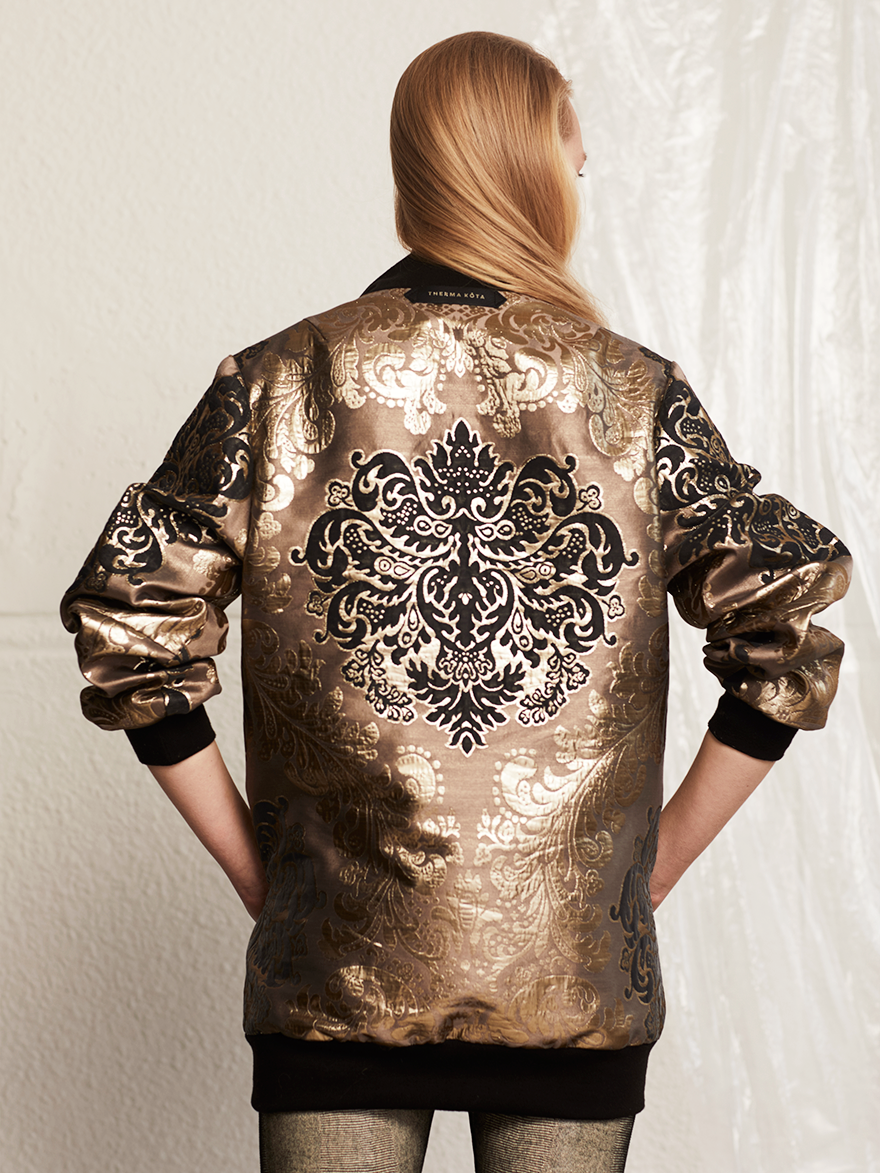 HELGA Reversible Long Bomber Jacket in Gold GeoJacquard by Therma Kota