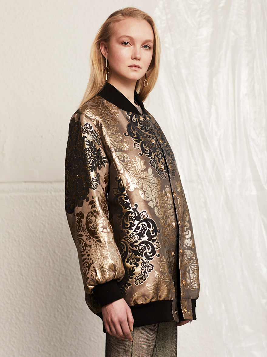 HELGA Reversible Long Bomber Jacket in Gold GeoJacquard by Therma Kota
