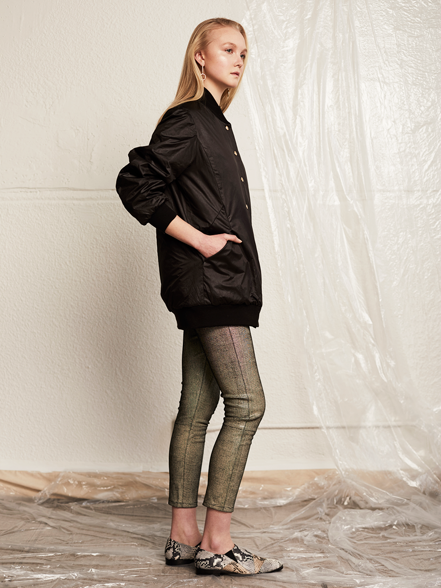 HELGA Reversible Long Bomber Jacket in Gold GeoJacquard by Therma Kota