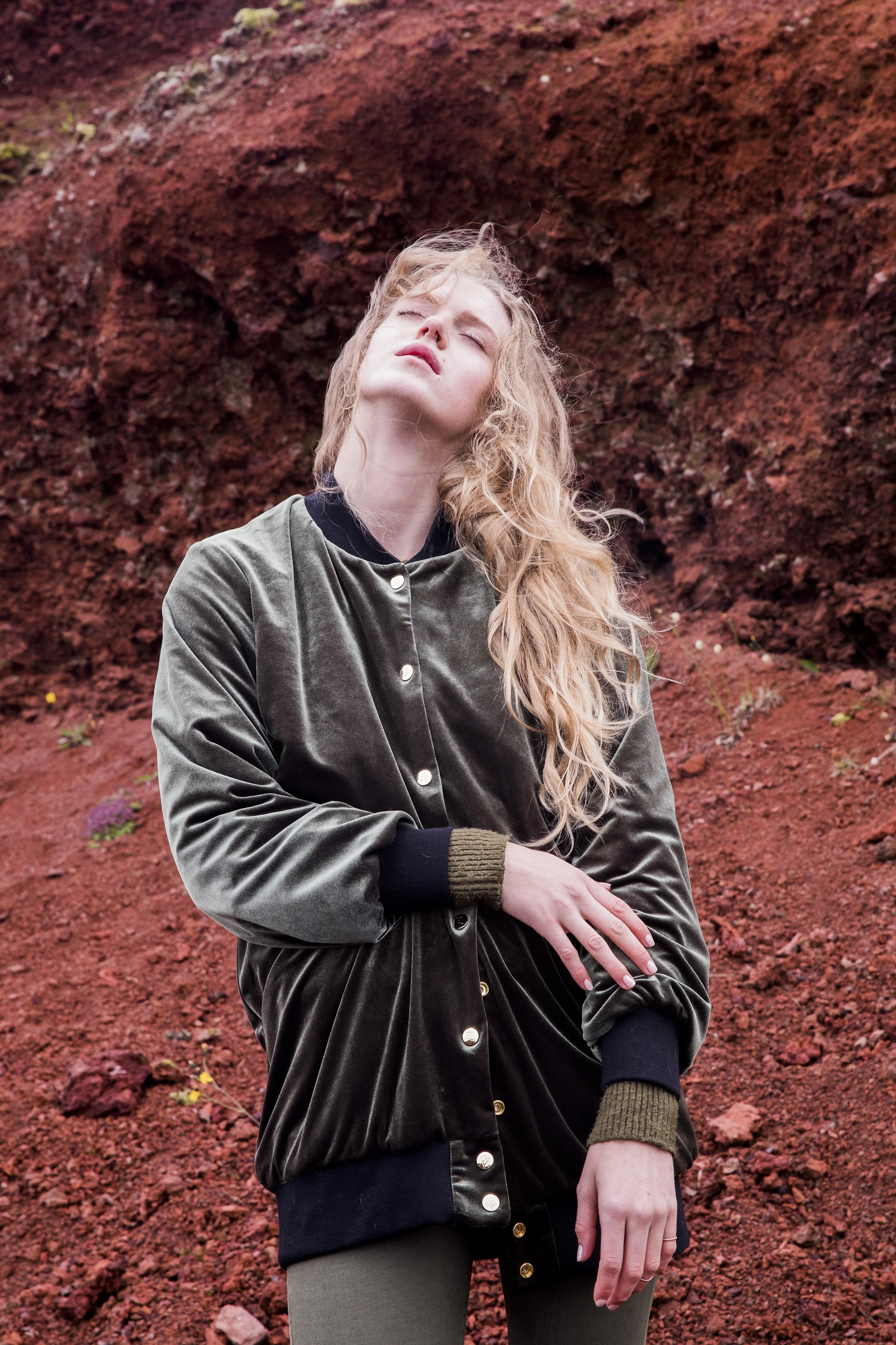 HELGA Reversible Long Bomber in Moss Velvet from Therma Kota Made in Canada