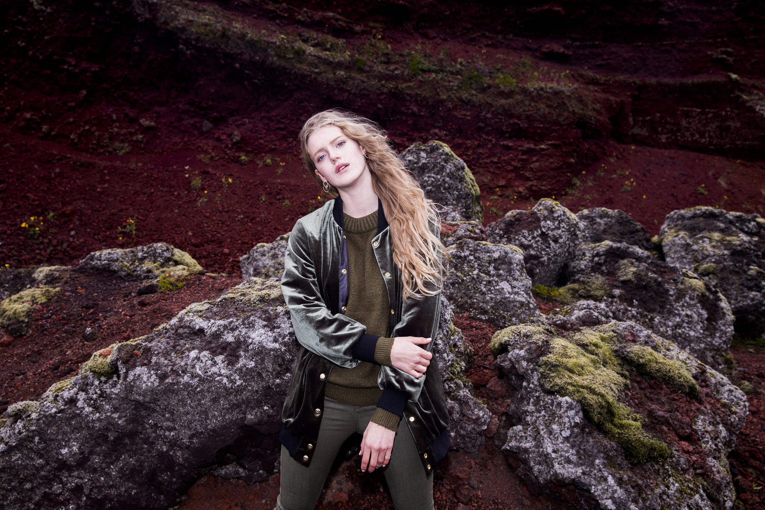 HELGA Reversible Long Bomber in Moss Velvet from Therma Kota Made in Canada