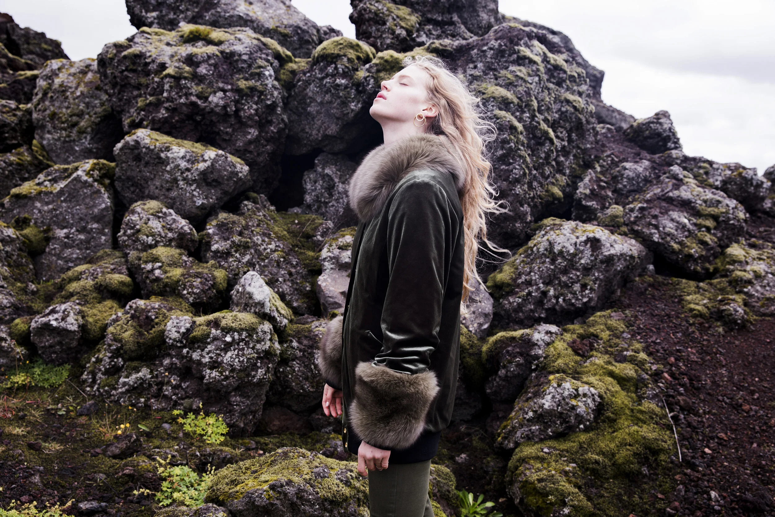 HELGA Reversible Long Bomber in Moss Velvet from Therma Kota Made in Canada