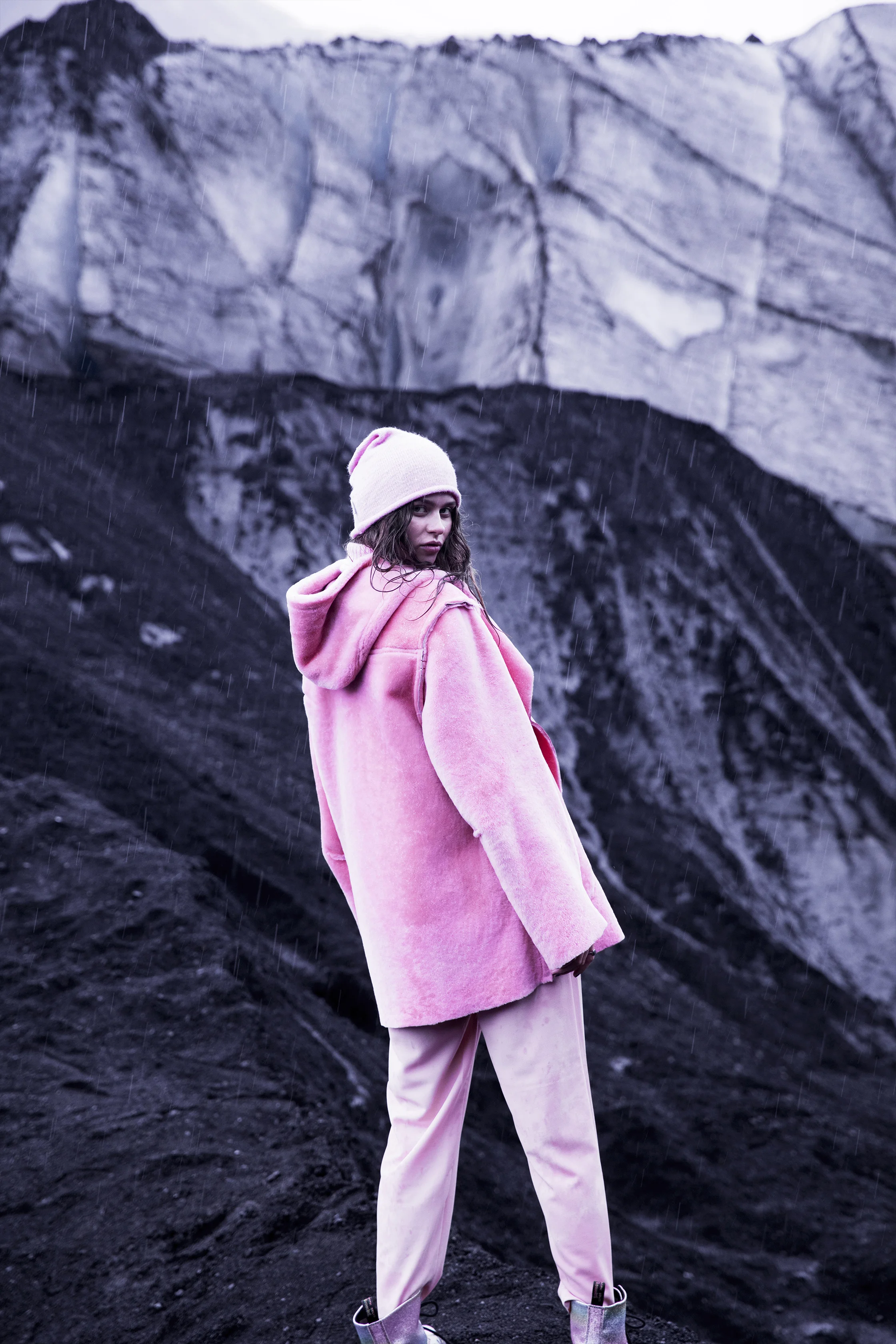 SILJA Hooded Shearling Jacket in Sky Pink from Therma Kota