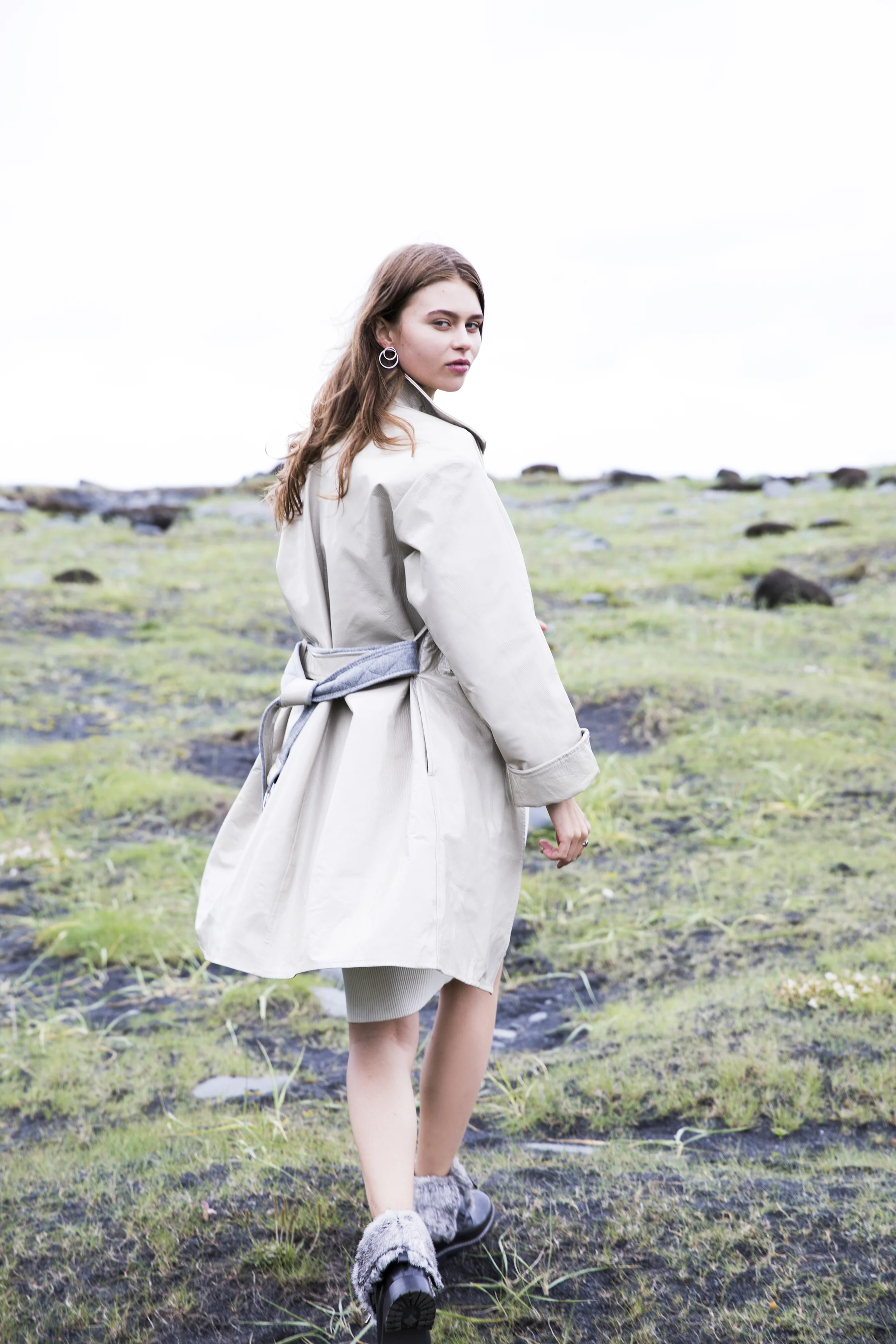 THELMA Trench Coat in Oat Patent Leather by Therma Kota