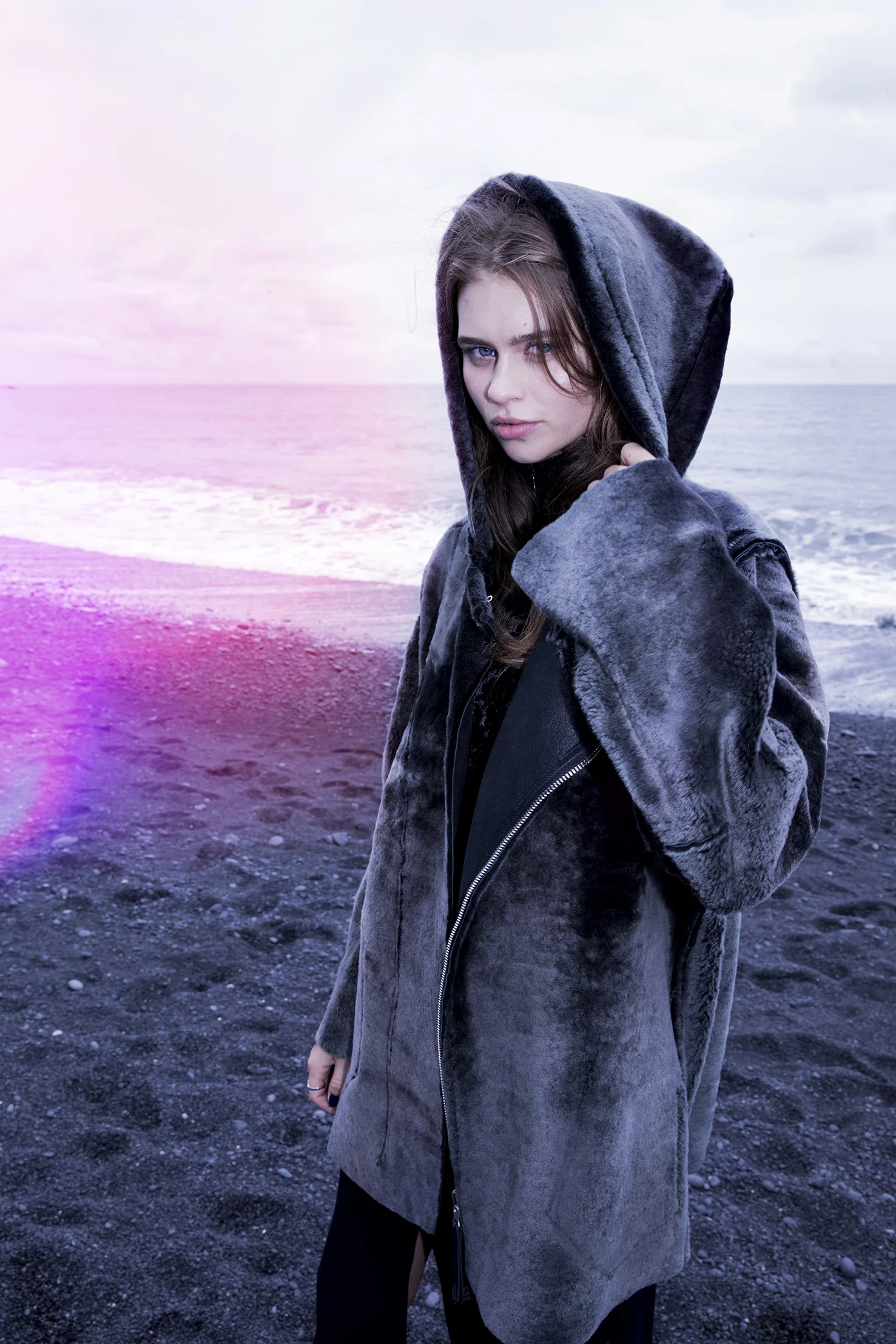 SILJA Hooded Shearling Jacket in Lava from Therma Kota