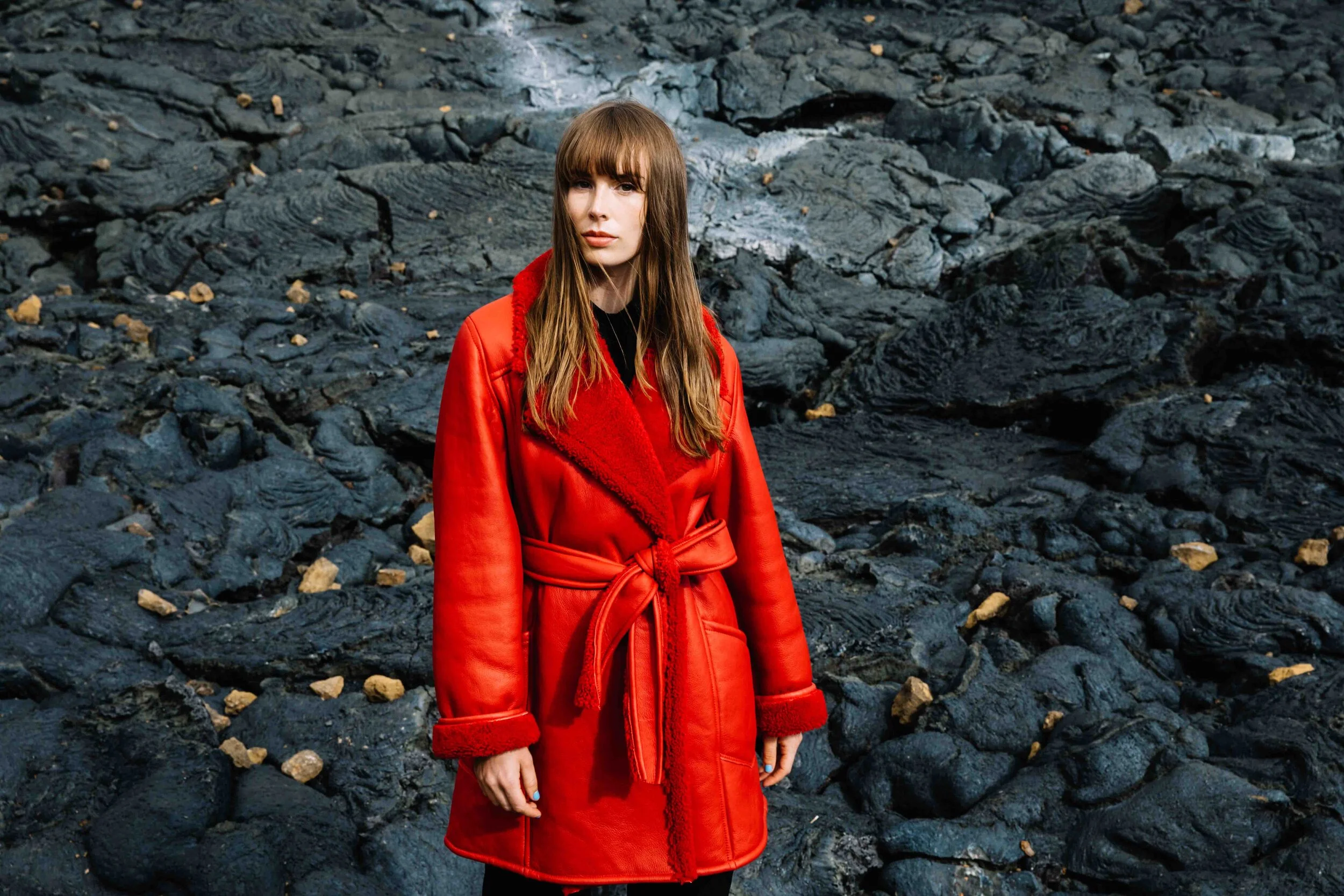 red shearling coat