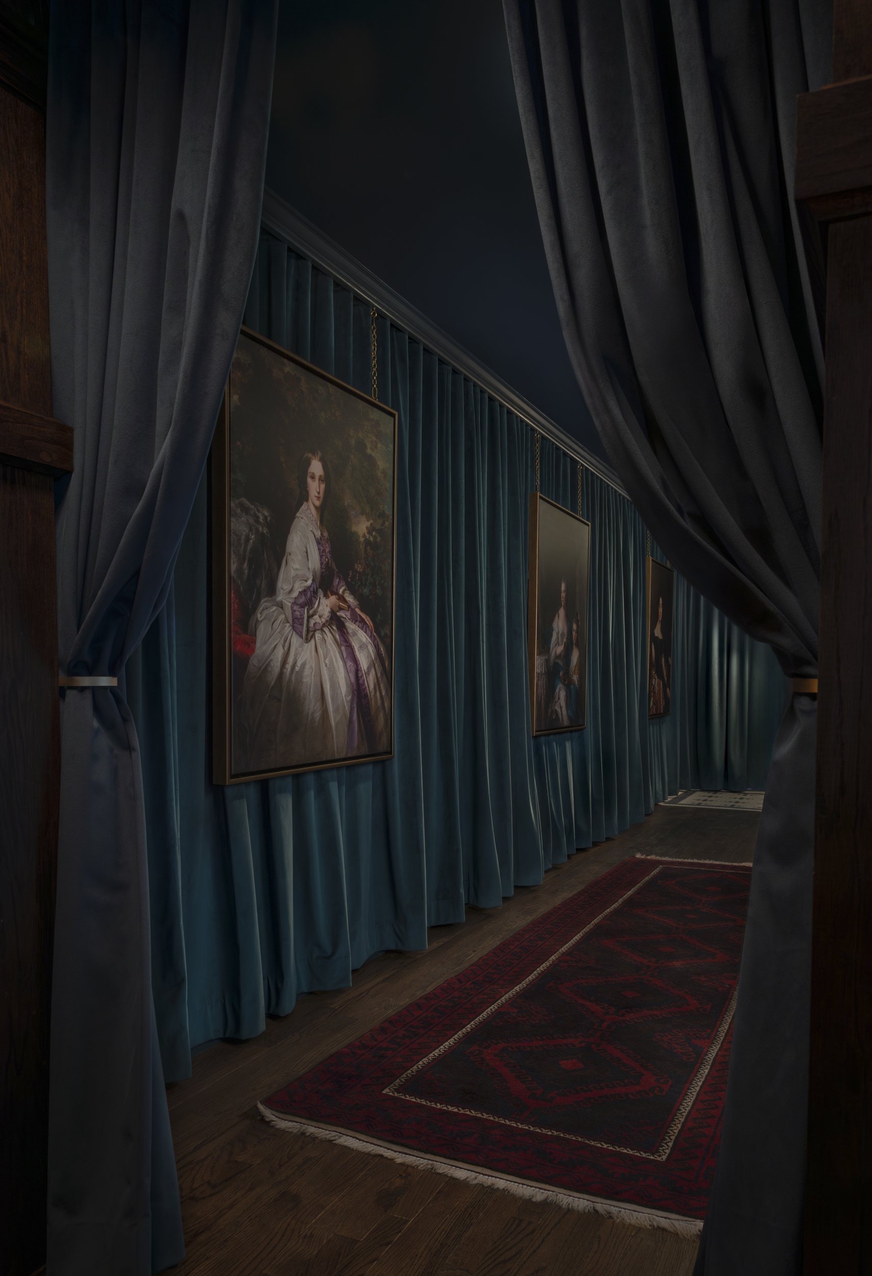 Antique portraits hung on teal velvet curtains along a dim corridor at The Colonel’s Club,
Baton Rouge