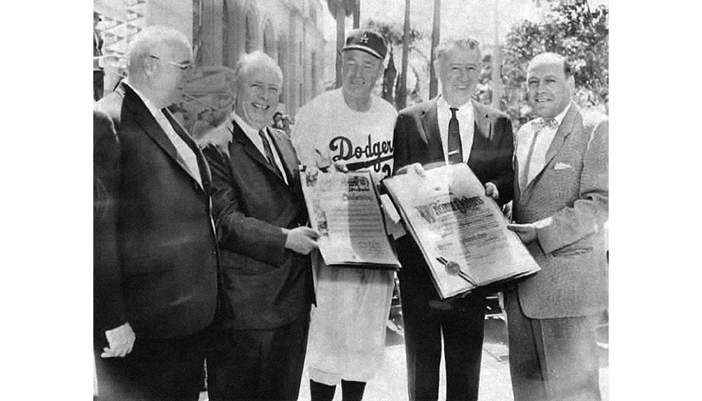  Bavasi with Dodgers Manager Walter Alston and Los Angeles elected officials at City Hall. 