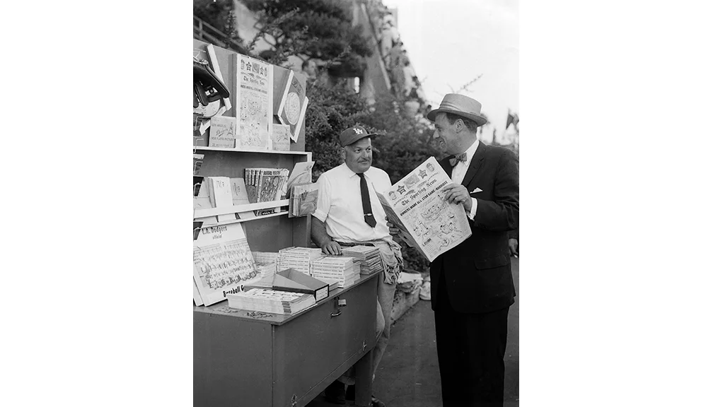 Outside Los Angeles Coliseum, the Dodgers’ new home. The gregarious Bavasi proved a key player in the club’s successful acclimation to the West Coast.