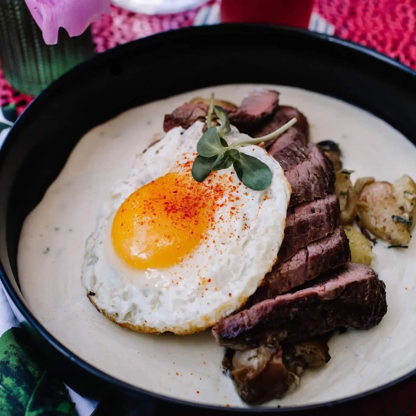 Steak &amp; Eggs ✨

Flank steak | fermented black bean | dried mushroom dust | potato &amp; mushroom hash | garlic-buttermilk sauce | sunny side up egg (GF) 

Reservations recommended - call 330-983-9387 to make one! 

To place a carry out order, hea