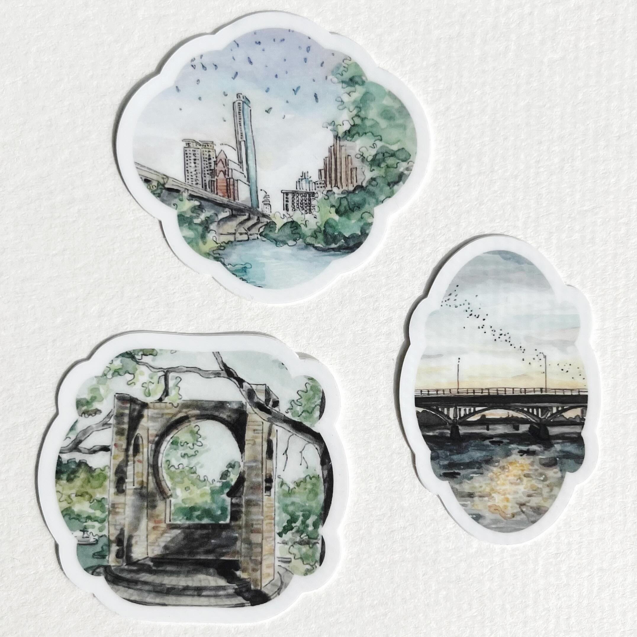 New stickers ✨ inspired by vintage frames and capturing my favorite views of the city. Find more stickers at watercoloratx.com/