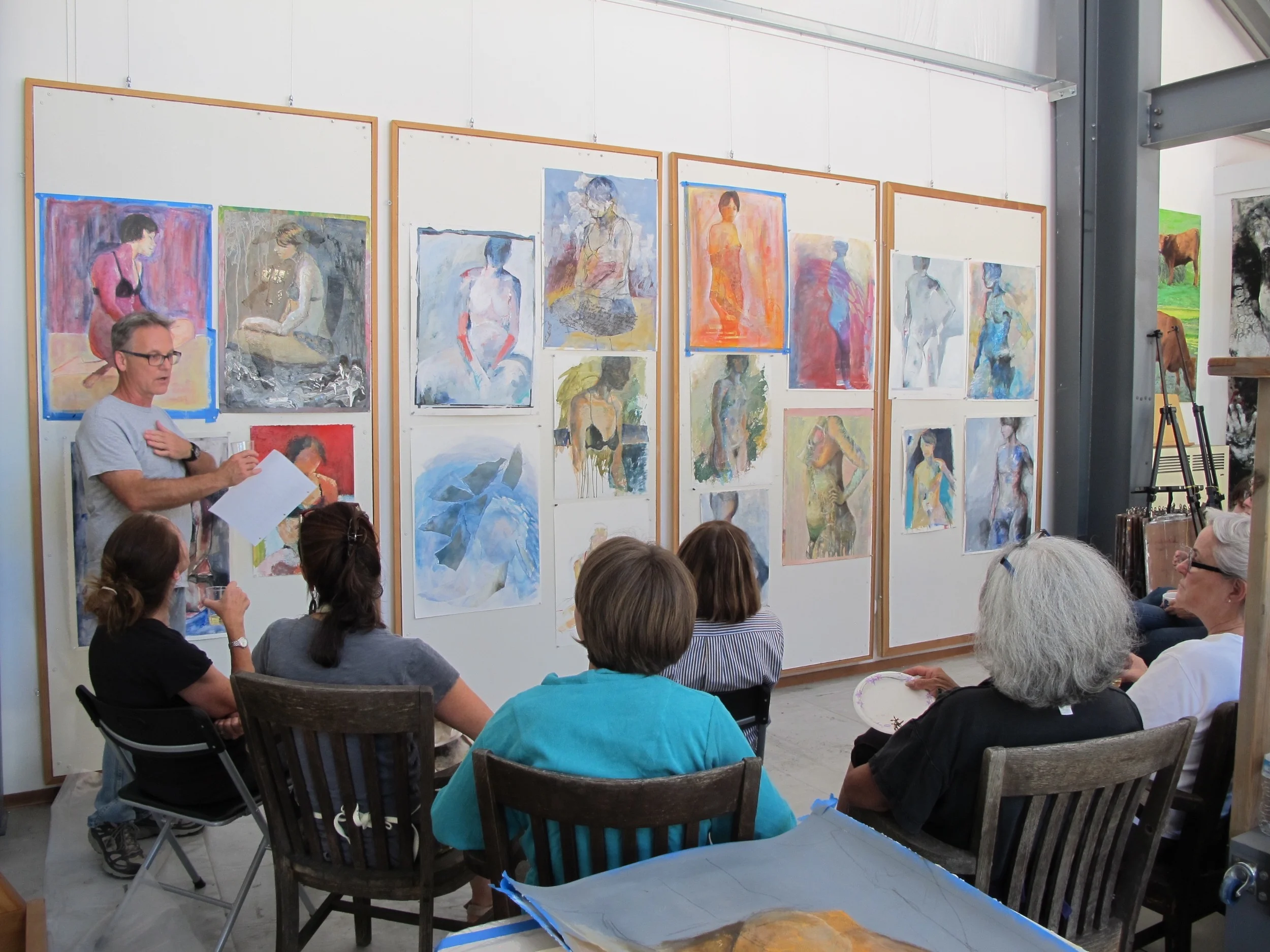 Critique at the end of day 2 of my just completed workshop: Mixed Media Techniques and Explorations in Figure Drawing and Painting.