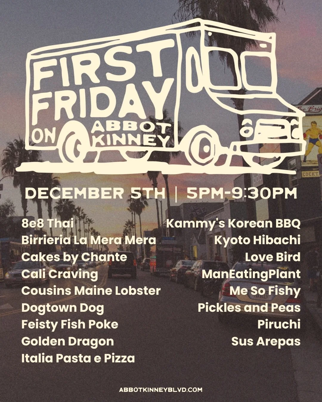 December First Friday is this week! See you all on 12/5/25 from 5-9:30pm ✨ Swipe to see all the food trucks in the lineup this month!!

#abbotkinneyblvd #firstfriday #losangelesfoodtrucks @akfirstfriday @la_freebies @camberplaces @venice__wave @venic