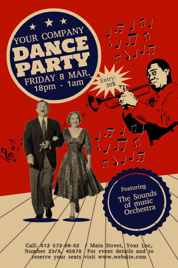 Vintage red dance party flyer 