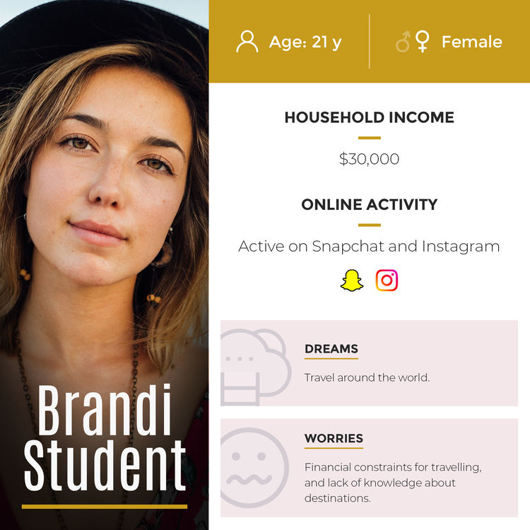 If you’re running a travel agency for people on a low budget and interested in travel, such as students, here’s what one of your customer avatars may look like.