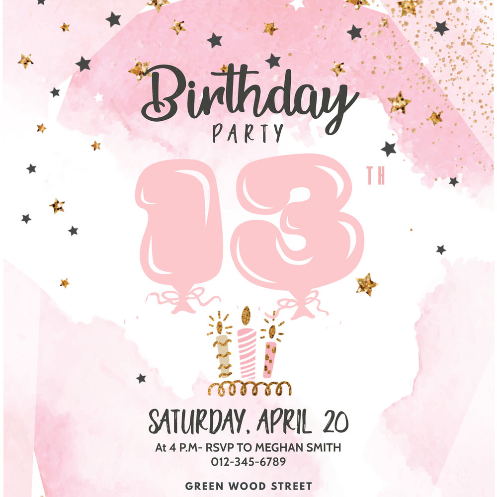 13th birthday party pink cute invitation