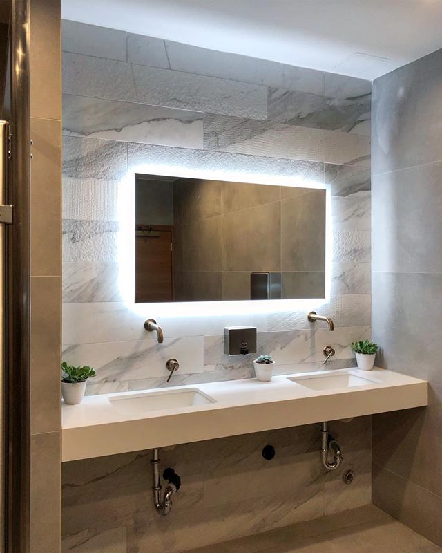 Mirror rim lights in your restroom makes everyone look &amp; feel good! Restroom design for Temple Mogen David in Beverly Hills for @reubenrobin &amp; @concord_re