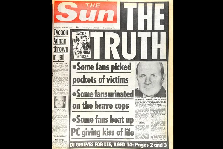 Den famøse forside fra The Sun, der blev et pejlemærke på uretfærdigheden og de fejlagtige konklusioner.